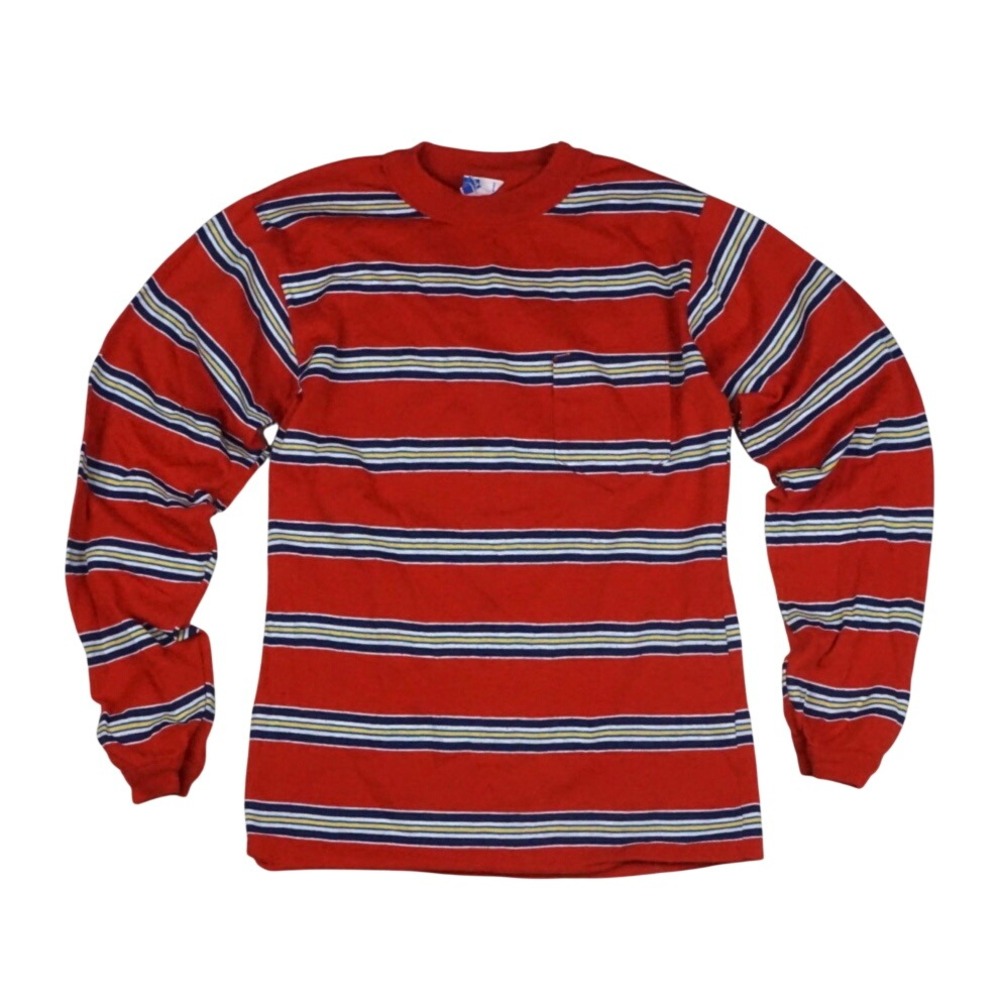 Vintage 70s Sears Put-On Shop Boys Red Striped Long Sleeve Pocket Tee Size 16